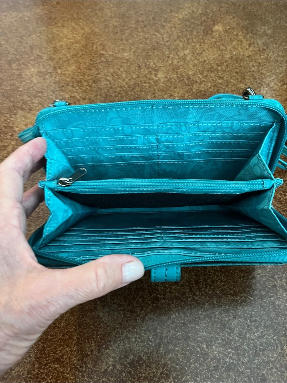 Sakroots Nylon Teal Floral-Print Zip Wallet with Snap Strap